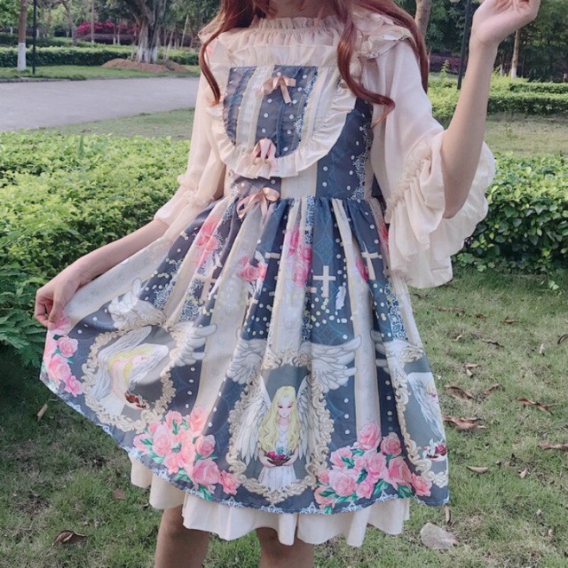 YAS0175-Áo sơ mi voan tay lỡ + váy Lolita hai dây hai lớp