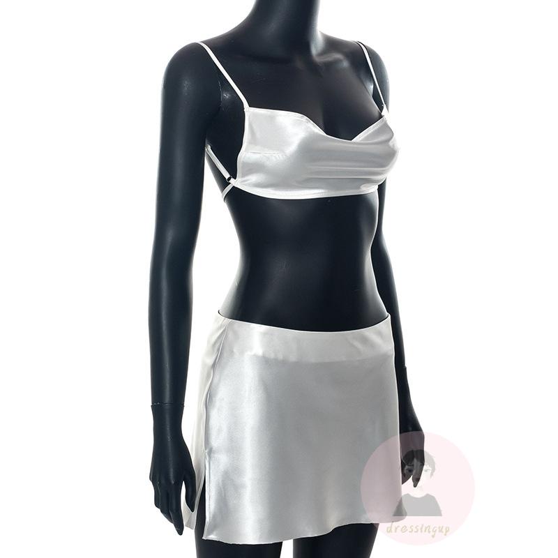 Bộ Áo Hai Dây Hở Lưng + Chân Váy Ngắn Ôm Dáng Màu Sắc Trơn Cho Nữ