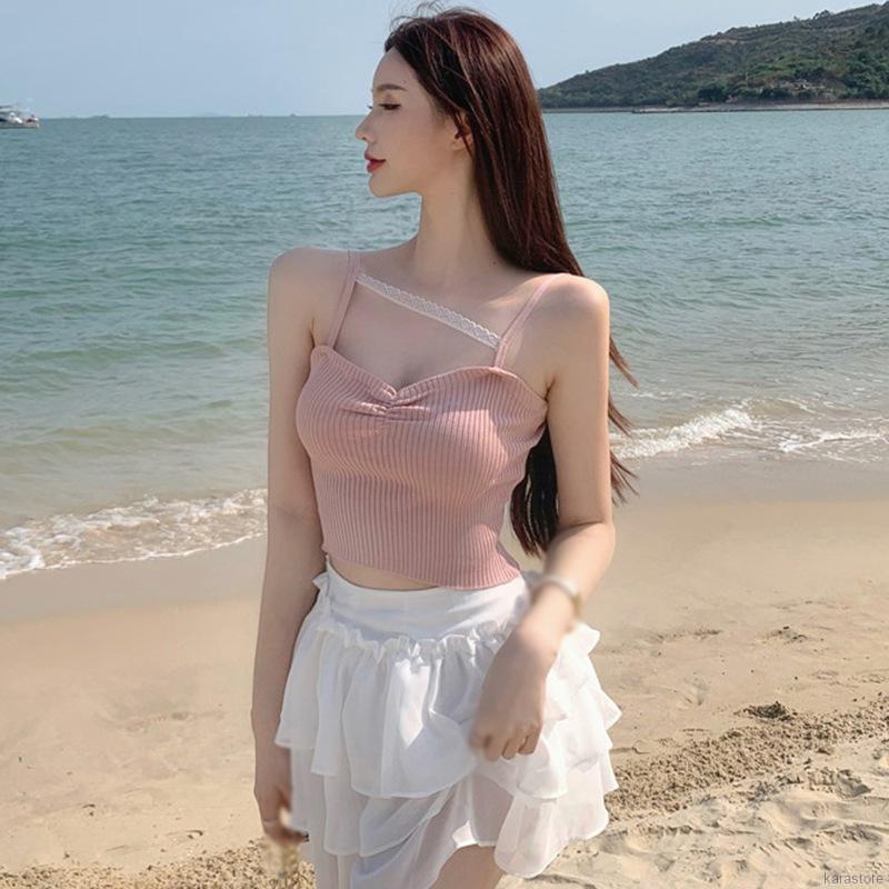 Áo Hai Dây Dệt Kim Cổ Chữ V Phối Ren Thời Trang Dành Cho Nữ | BigBuy360 - bigbuy360.vn