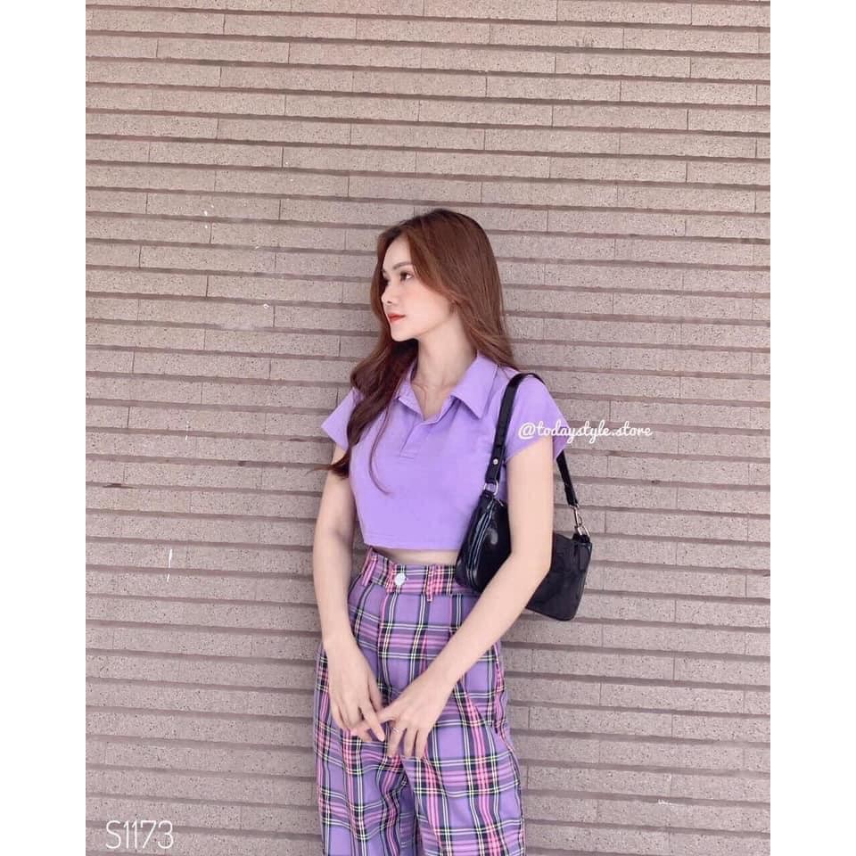 [Mã FAXANH245 giảm 10K đơn 50K] Set áo croptop polo cổ bẻ và quần suông caro tím ống rộng cạp cao quần cá tính | BigBuy360 - bigbuy360.vn