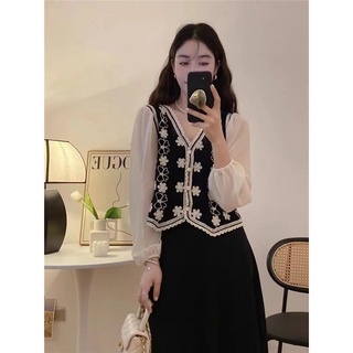 Áo len thổ cẩm phối voan lụa tay bồng