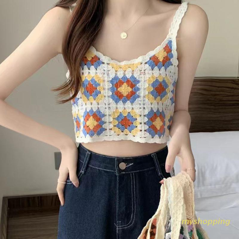 Áo Croptop Dệt Kim Không Tay Thiết Kế Rỗng Nhiều Màu Sắc Phong Cách Retro Dành Cho Nữ