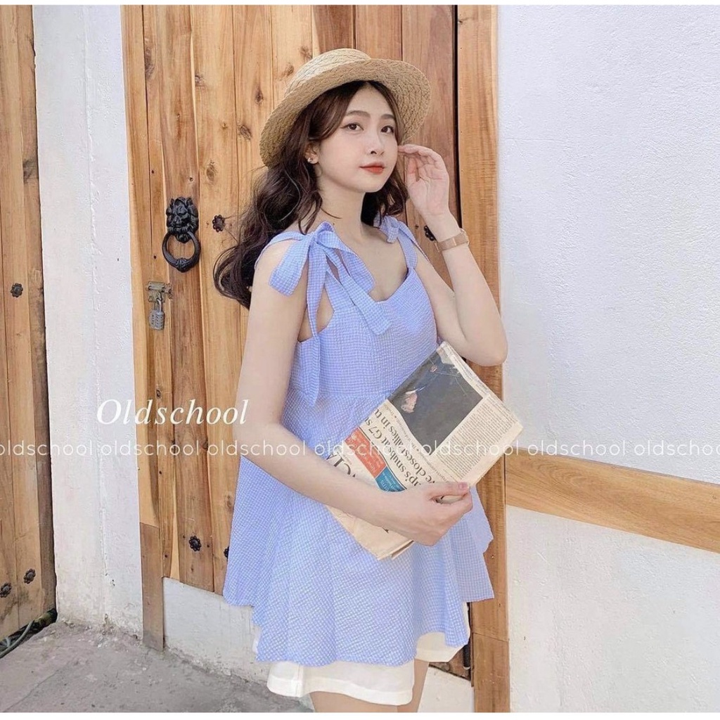 Áo 2 dây + Quần short  Set babydoll áo 2 dây xếp ly ngực kèm quần short chất đũi xốp mềm mại phồng đẹp Bun shop20