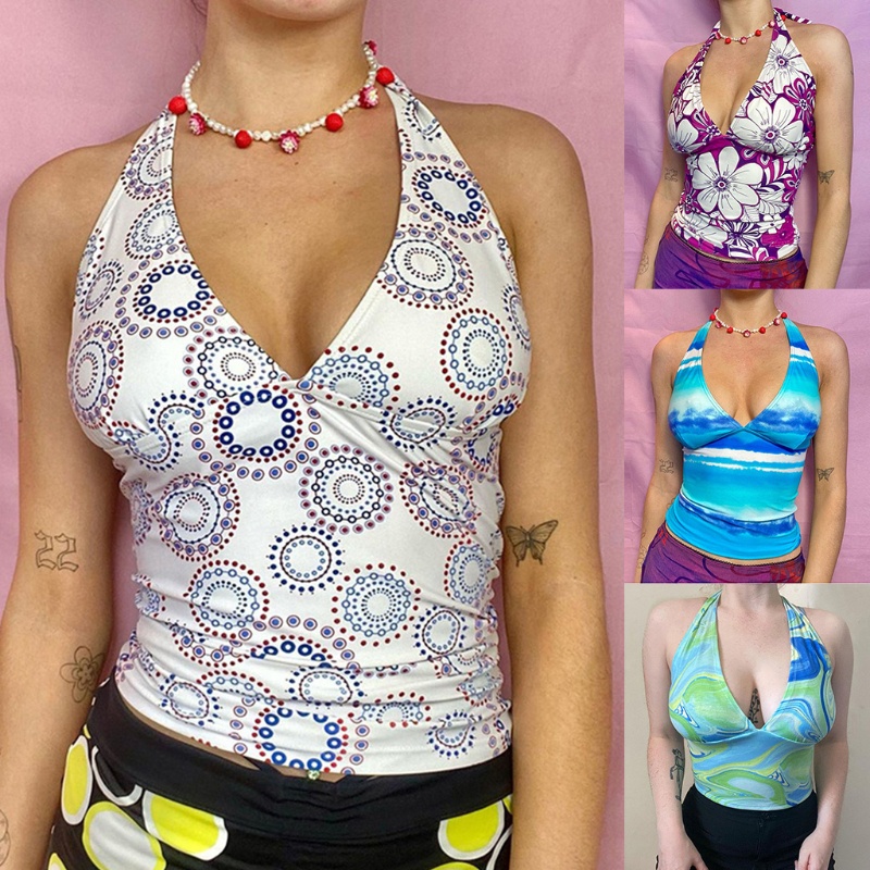 Áo Hai Dây Cổ Chữ V Khoét Sâu Họa Tiết Hoa Phong Cách Boho Gợi Cảm Cho Nữ