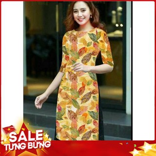 Aó  dài cách tân Mai Lan in lá mùa thu cao cấp - KHÔNG KÈM VÁY