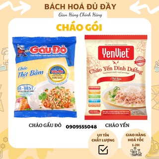 Gói cháo Gấu Đỏ thịt bằm ăn liền và Cháo Yến Việt thịt bằm dinh dưỡng, thơm ngon