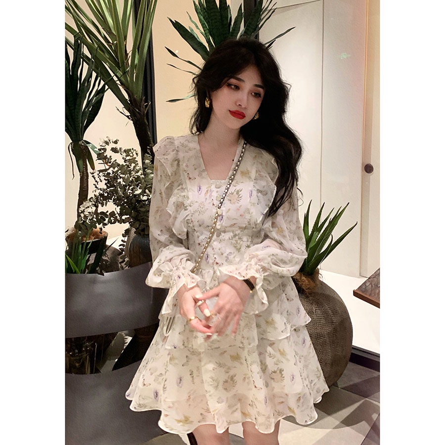Đầm Tay Loe Cổ Chữ V Ôm Eo In Họa Tiết Hoa Thời Trang Xuân Thu Phong Cách Pháp Mới Cho Nữ