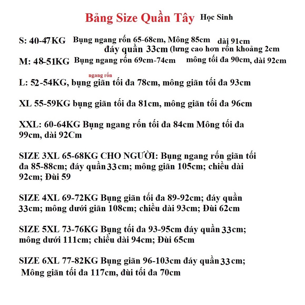 Quần Tây đi học 4 Cúc, Lưng Cao thời trang, Vải Tuyết Mưa cao cấp, Có bigsize 83Kg
