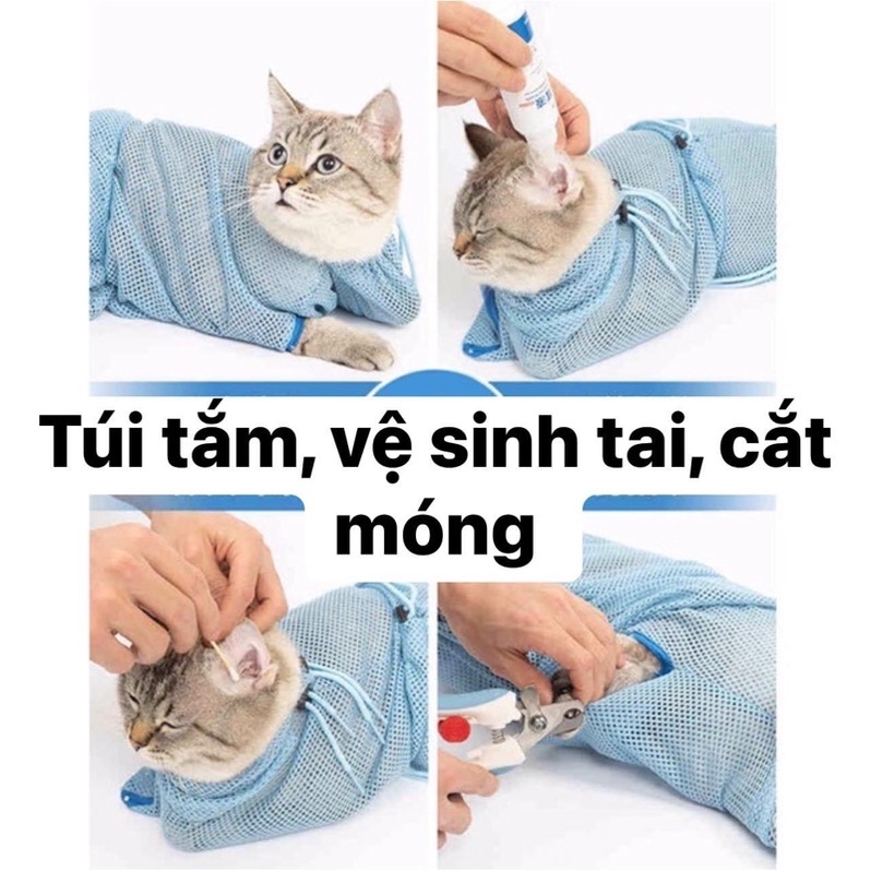 Túi tắm, cắt móng, vệ sinh tai cho mèo