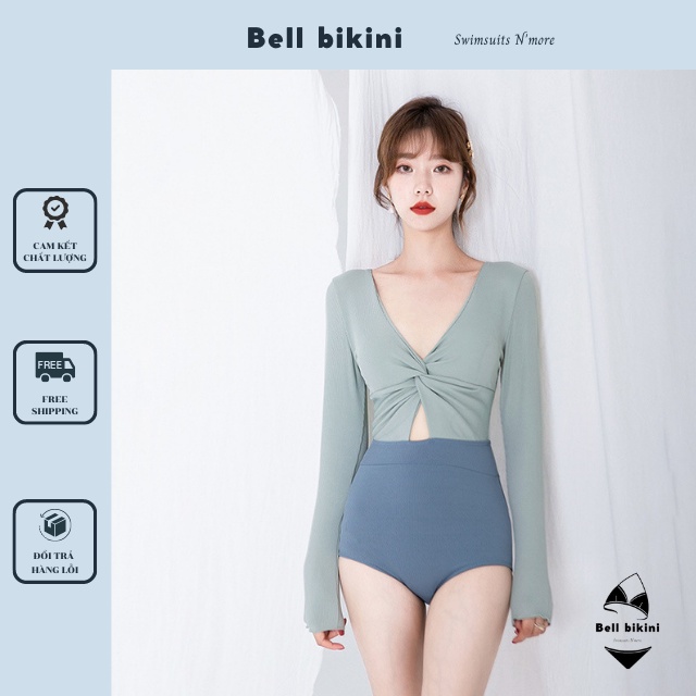 Đồ Bơi Nữ Một Mảnh Xoắn Ngực Kín Đáo Thời Trang Ulzzang - Bikini Cut Out Cổ V Phối Màu Trơn Cao Cấp - Bell Bikini - B011