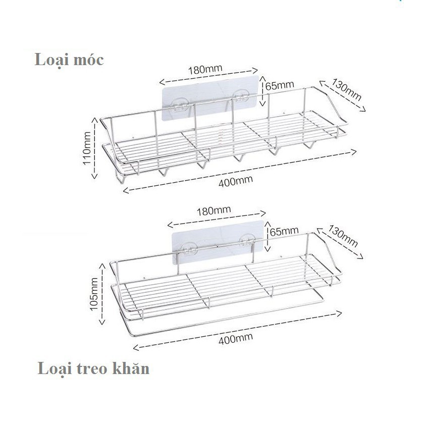 Kệ Nhà Tắm Nhà Bếp, Kệ Inox Hình Chữ Nhật Kèm Giá Treo Khăn Và Móc Treo Đồ Dán Tường Tiện Ích