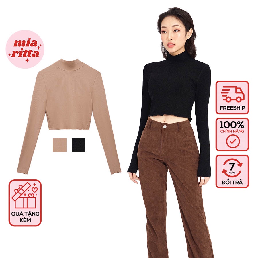 Áo croptop dài tay thun tăm cổ cao viền nhăn Mia Ritta A2026