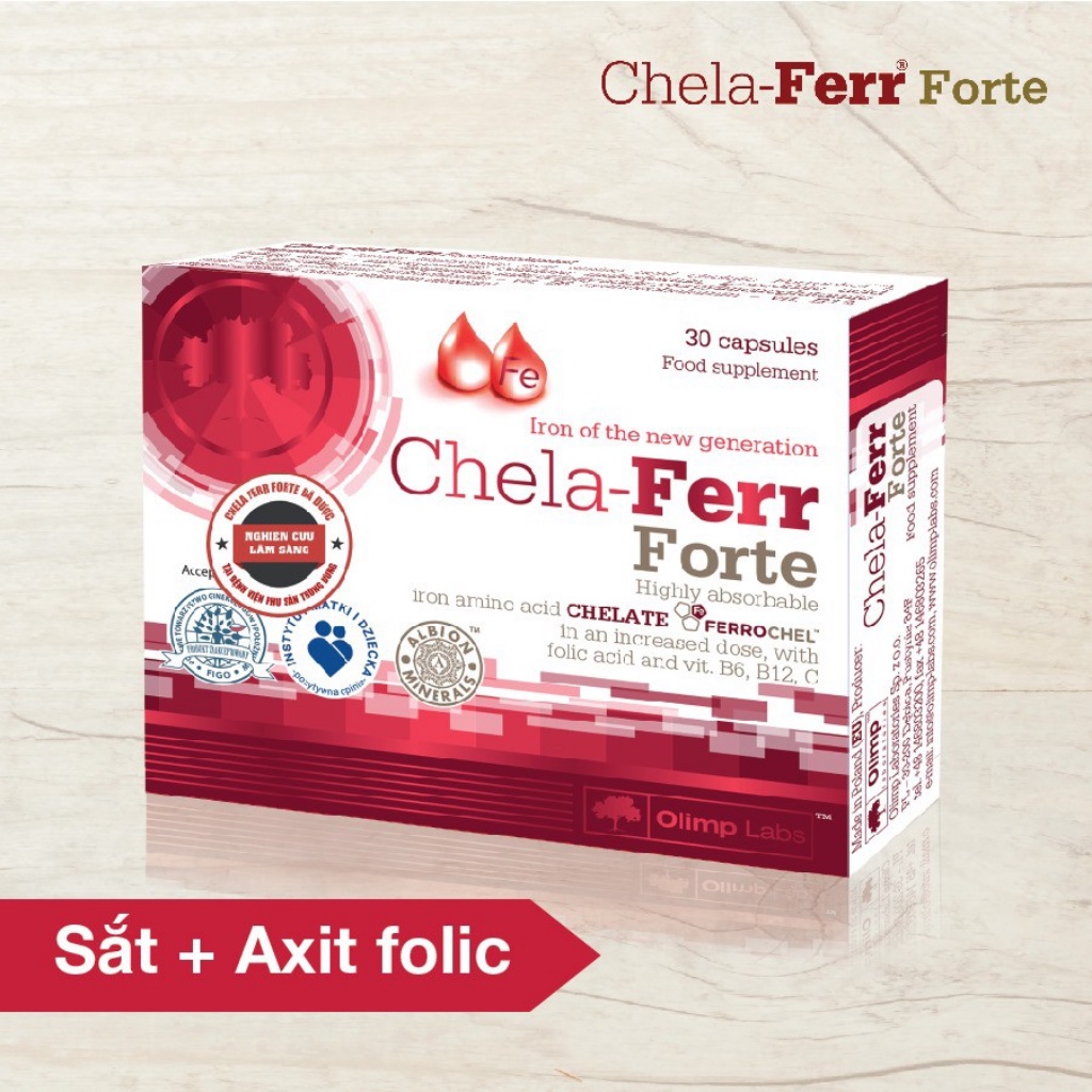 Sắt Cho Bà Bầu Chela Ferr Forte - Phòng Ngừa Nguy Cơ Sinh Non &amp; Băng Huyết Sau Sinh (Hộp 30 Viên)