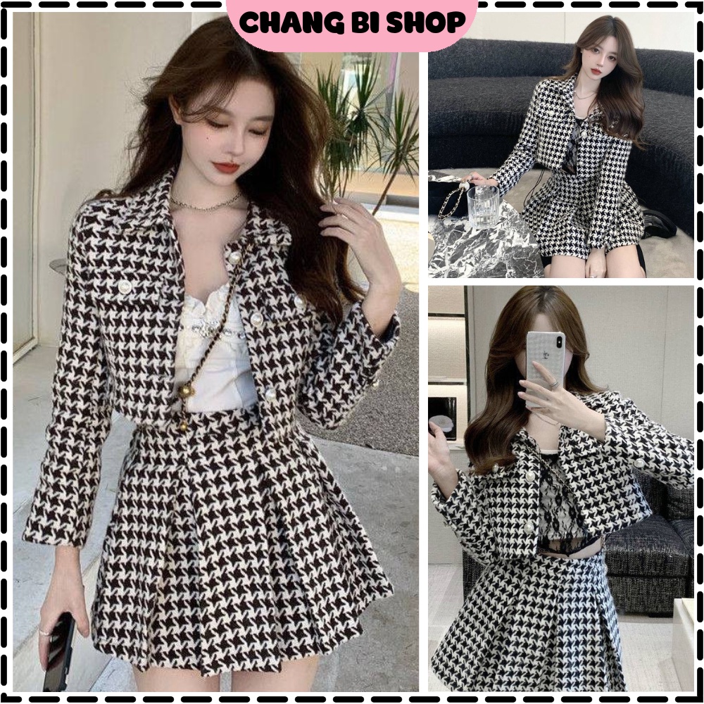 Set áo dạ tweed - Set dạ croptop hoàng gia croptop đính cúc ngọc kèm chân váy xòe xếp ly kiểu dáng Hàn Quốc phong cách