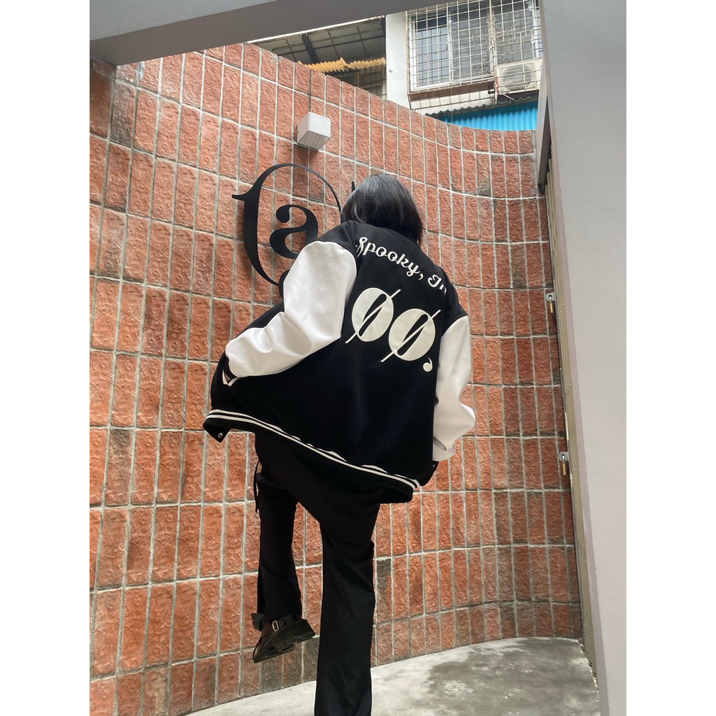 Áo Khoác Dạ Đen Phối Da - Varsity Jacket