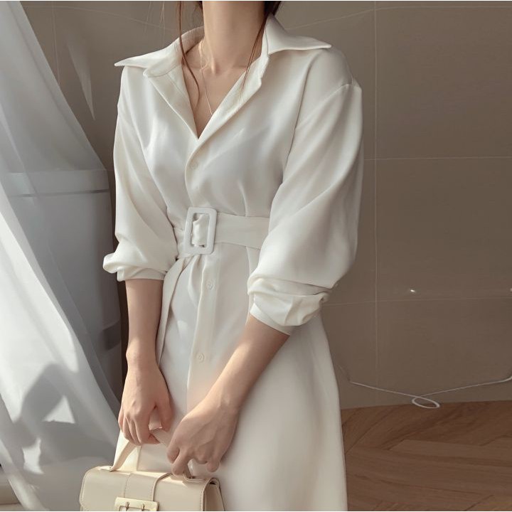 [ORDER] Váy chic dáng dài sơ mi kèm thắt lưng hai màu trắng đen ulzzang