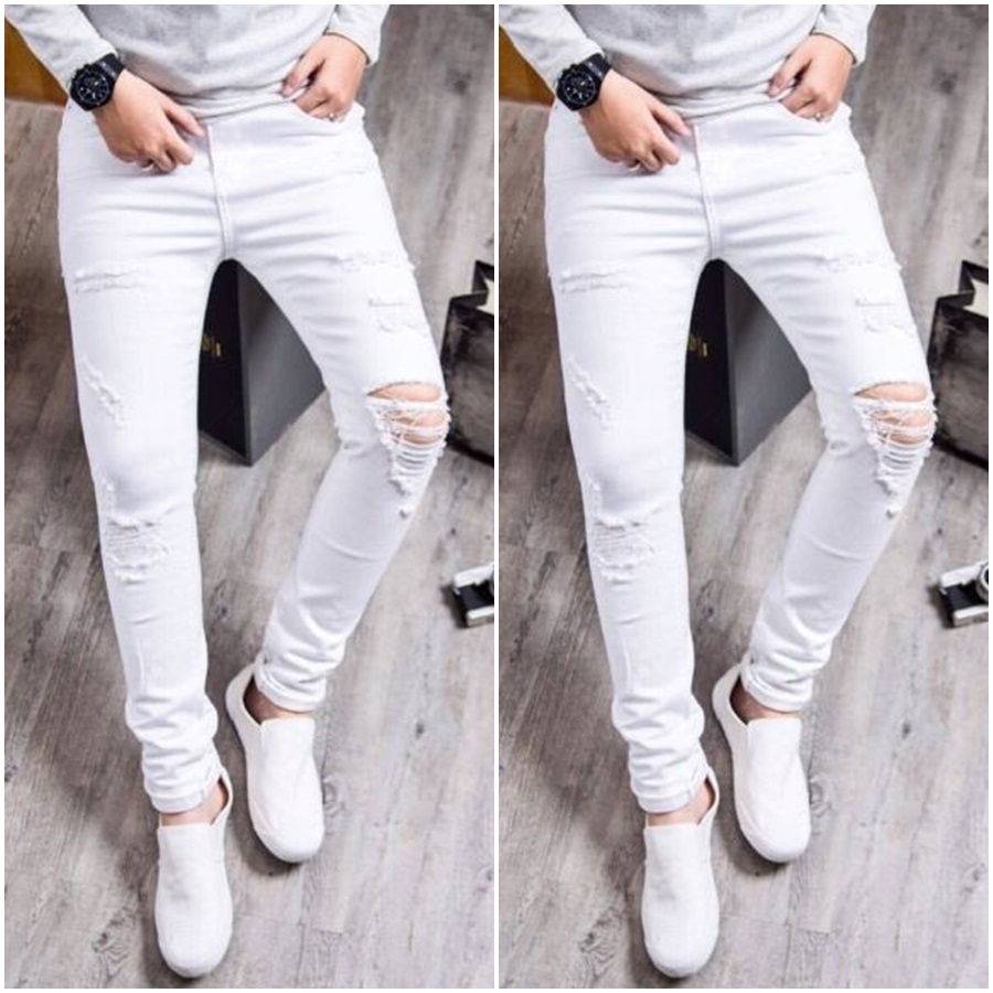 Quần jean nam chất bò rách gối xước nhẹ 2 màu (trắng,đen) chuẩn form cao cấp DV-FASHION | BigBuy360 - bigbuy360.vn