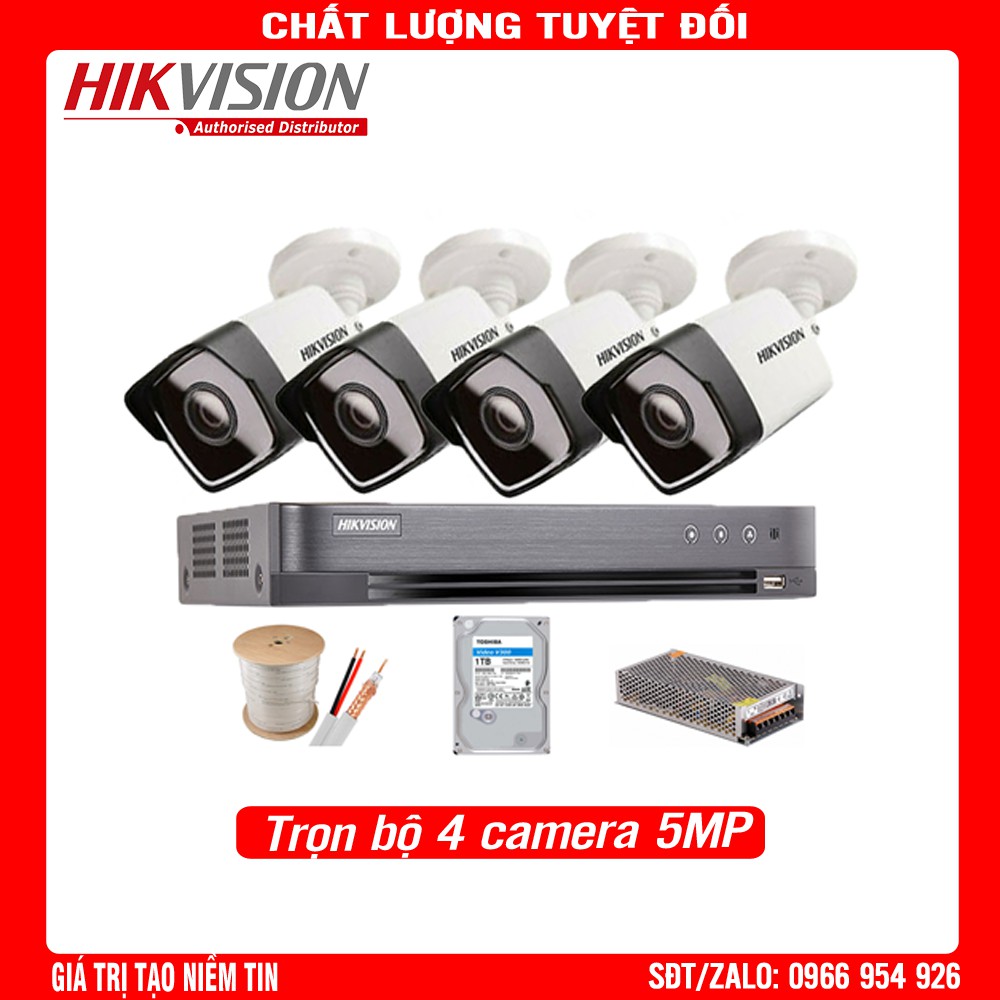 Trọn bộ 4 camera thân 5.0MP HIKVISION DS-2CE16H0T-ITF - Ổ cứng 1TB - Tặng kèm 40m dây liền nguồn xịn