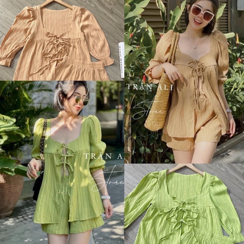 Set bộ đũi áo cổ vuông thắt dây phối quần đùi ngắn cực sang, dạo phố đi chơi lễ tết đều được màu xanh bơ và màu nâu