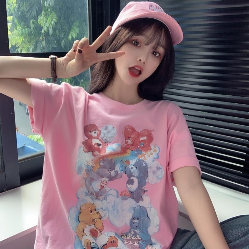 100% cotton 2021 new summer short sleeve T-shirt women loose Korean versatile student bear print on clothes