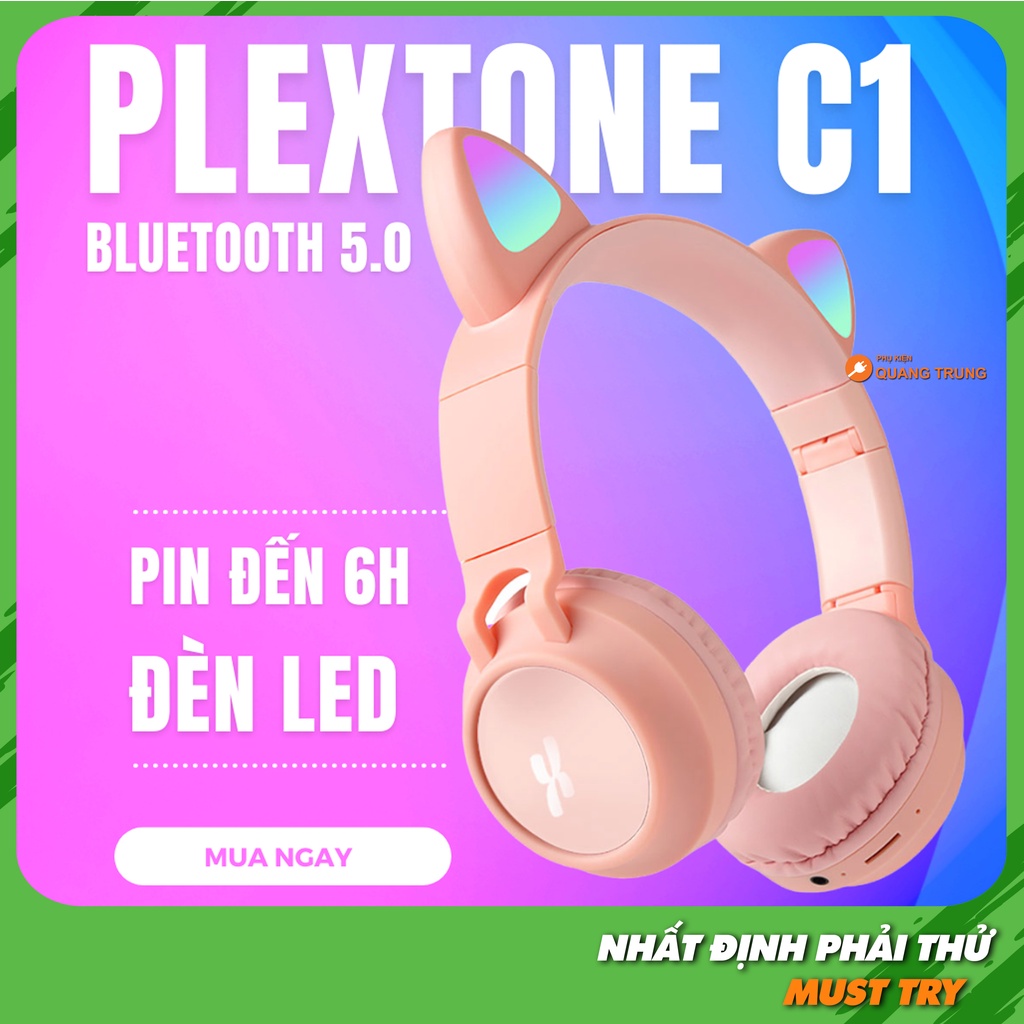 Tai nghe bluetooth plextone C1, tai nghe mèo, bluetooth 5.0, có đèn led siêu đẹp