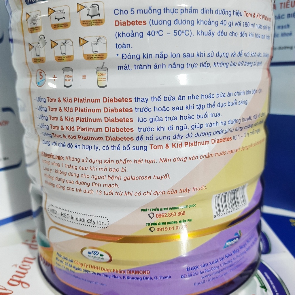 Sữa tiểu đường Tom &amp; Kid Platinum Diabetes Mega dành cho người tiểu đường 900g