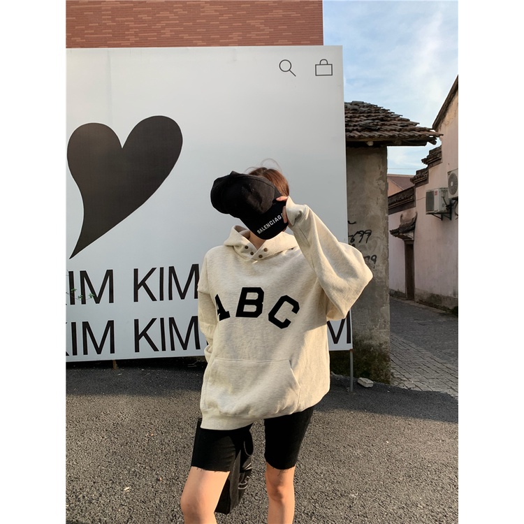 Áo khoác hoodie dáng rộng màu xám phong cách đường phố Hàn Quốc 2021 cho nữ