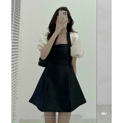 Đầm tiểu thư đi tiệc cưới, đầm cổ vuông tay phồng dáng chữ a sang trọng dễ thương