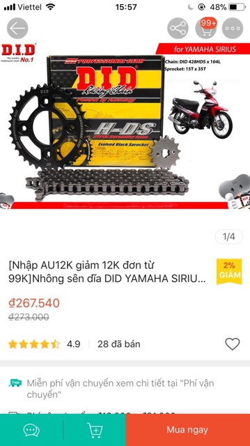 Nhông sên đĩa yamaha sirius DID HDS chính hãng