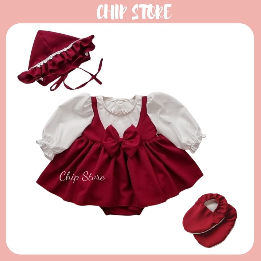 Váy bé gái sơ sinh CHIP STORE Body yếm đỏ mận cho bé mặc đầy tháng thôi nôi xinh xắn - Ảnh thật tự chụp