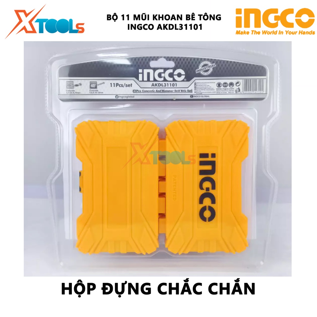 Bộ 11 mũi khoan bê tông đuôi trơn và đuôi gài INGCO AKDL31101 | bộ 11 mũi khoan kích thước 3, 4, 5, 6, 8, 10, 12mm chuyê