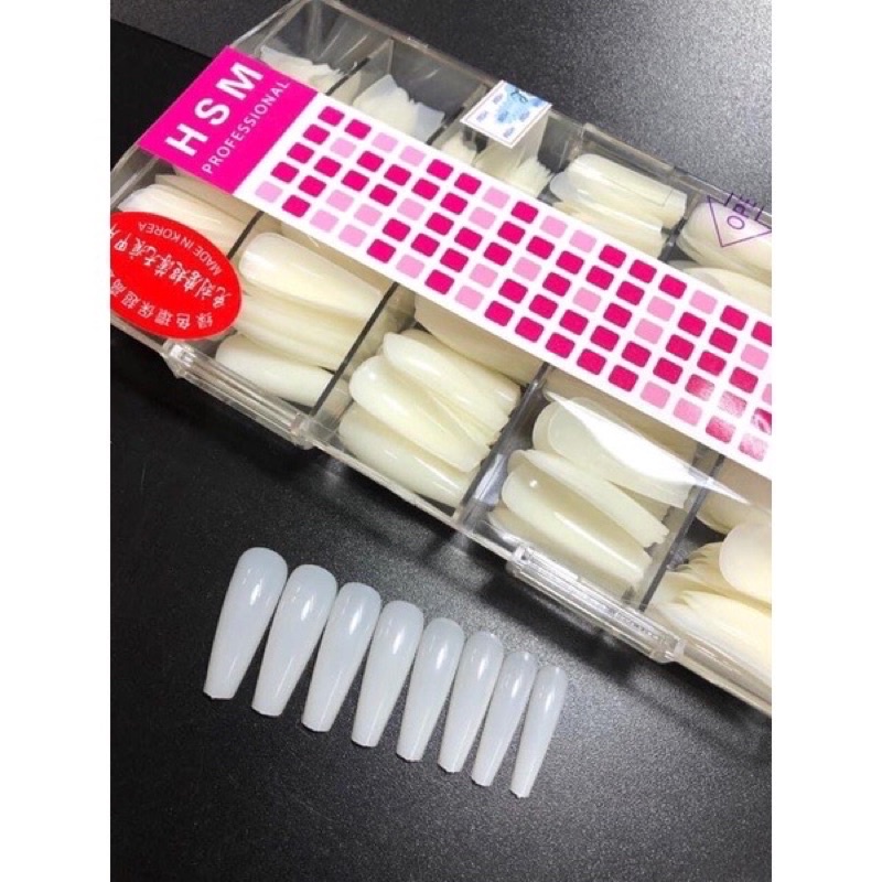 Móng úp HSM đủ phom đủ size - thang,vuông,nhọn,bầu,tròn- hàng loại 1 - tem hồng,tem đen, hộp 500 móng