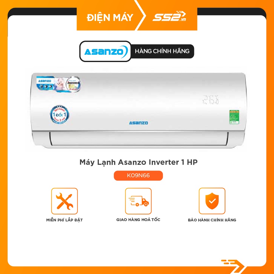 [Mã ELHA10 giảm 6% đơn 5TR] Máy lạnh Asanzo Inverter 1 HP K09N66 - Bảo Hành Chính Hãng