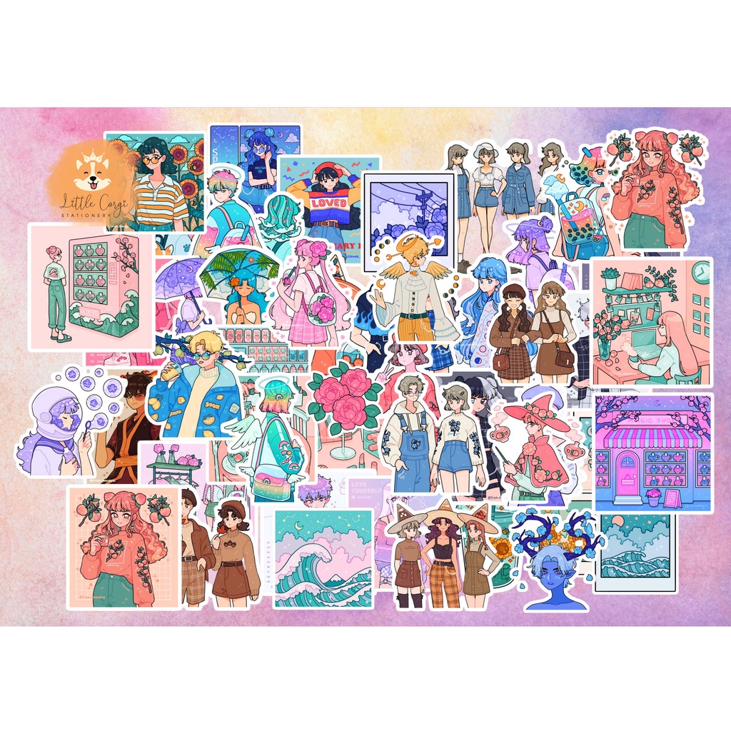 Set 20 hình dán sticker anime girl cute space boba dễ thương trang trí sổ tay, toploader, máy tính, album
