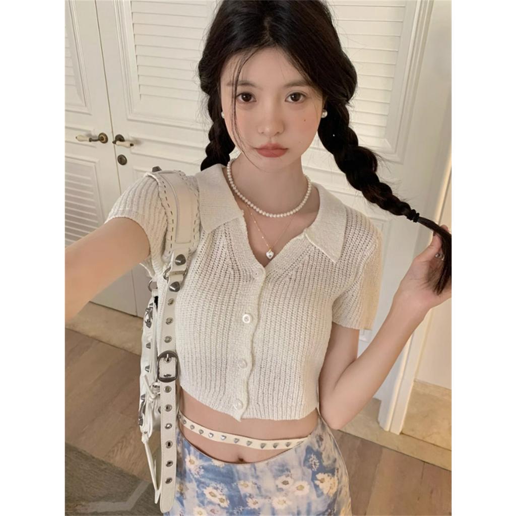 Áo polo Dệt Kim Màu Trơn Thiết Kế Cài Nút Cổ Chữ V Dáng Ôm Thời Trang Mùa Hè Mới Cho Nữ