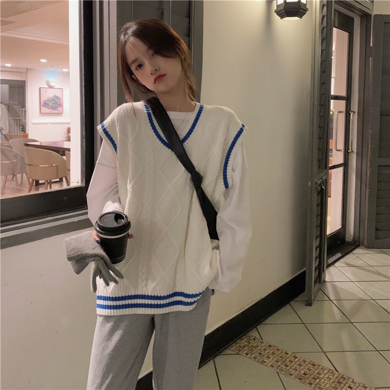 Áo Dệt Kim Sát Nách Cổ Chữ V Dáng Rộng Màu Sắc Tương Phản Phong Cách Hàn Quốc Cho Nữ | BigBuy360 - bigbuy360.vn