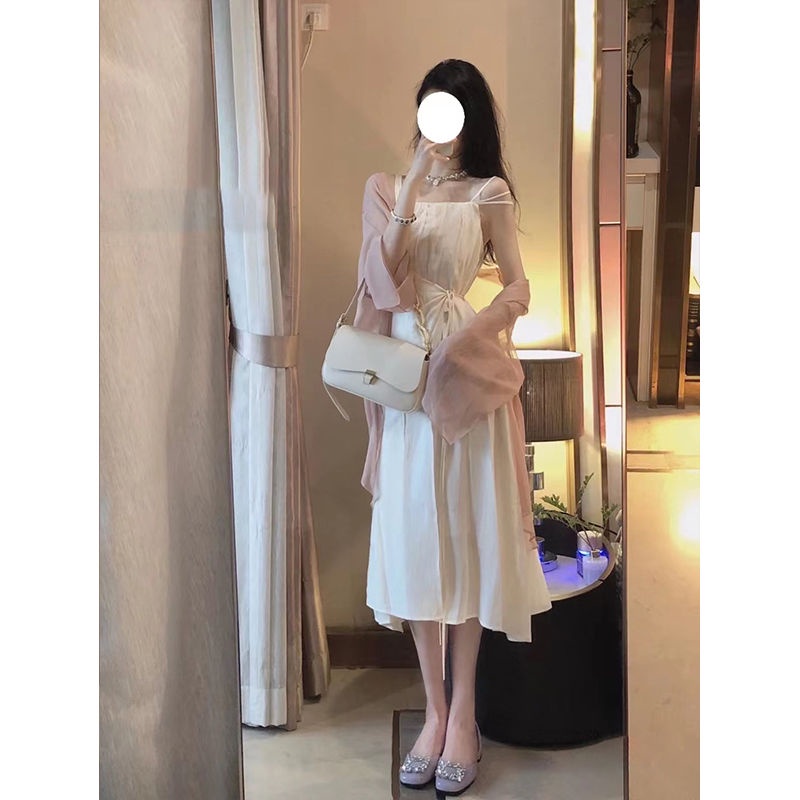 Bộ Áo Khoác Cardigan + Đầm Hai Dây Ôm Eo Thời Trang Mùa Hè Dành Cho Nữ 2022