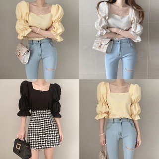 Áo kiểu vải chiffon tay phồng cổ vuông thời trang nữ kiểu retro