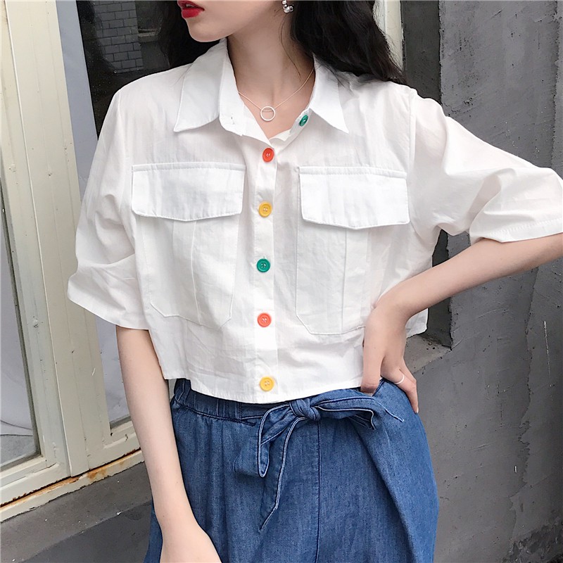 Crop Tops Cotton Blouse for Women Blouse Short Sleeves Korean Blouse for Adults Womens White Blouse with Collar for Women Black Blouse for Women Plain Blouse Vintage Blouses for Womens Sale Summer Loose Blouse Tops for Women