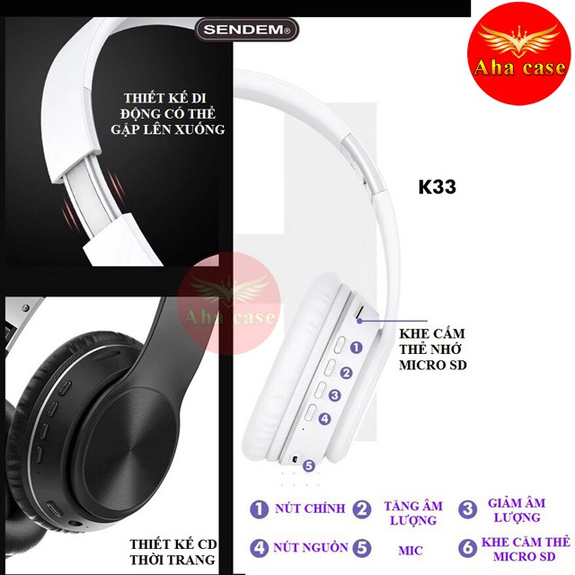 Tai nghe Bluetooth Chụp Tai chính hãng Sendem K33, headphone không dây có thể gấp gọn thời trang, Có Khe Cắm thẻ Nhớ