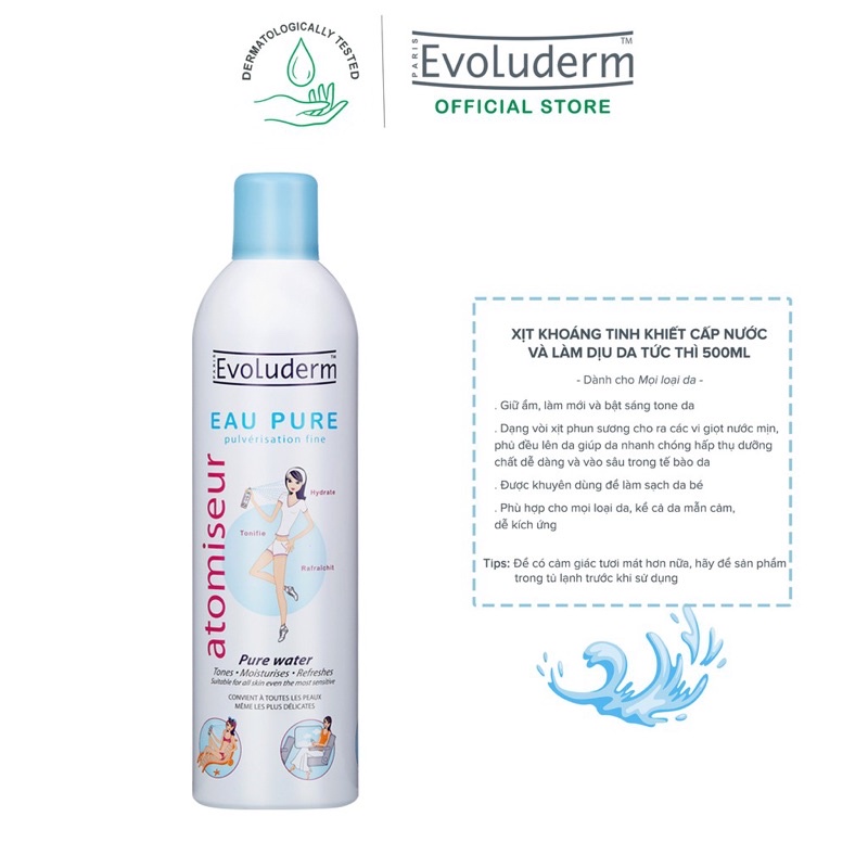 Xịt khoáng Evoluderm Eau Pure Pháp 150ml -  400ml