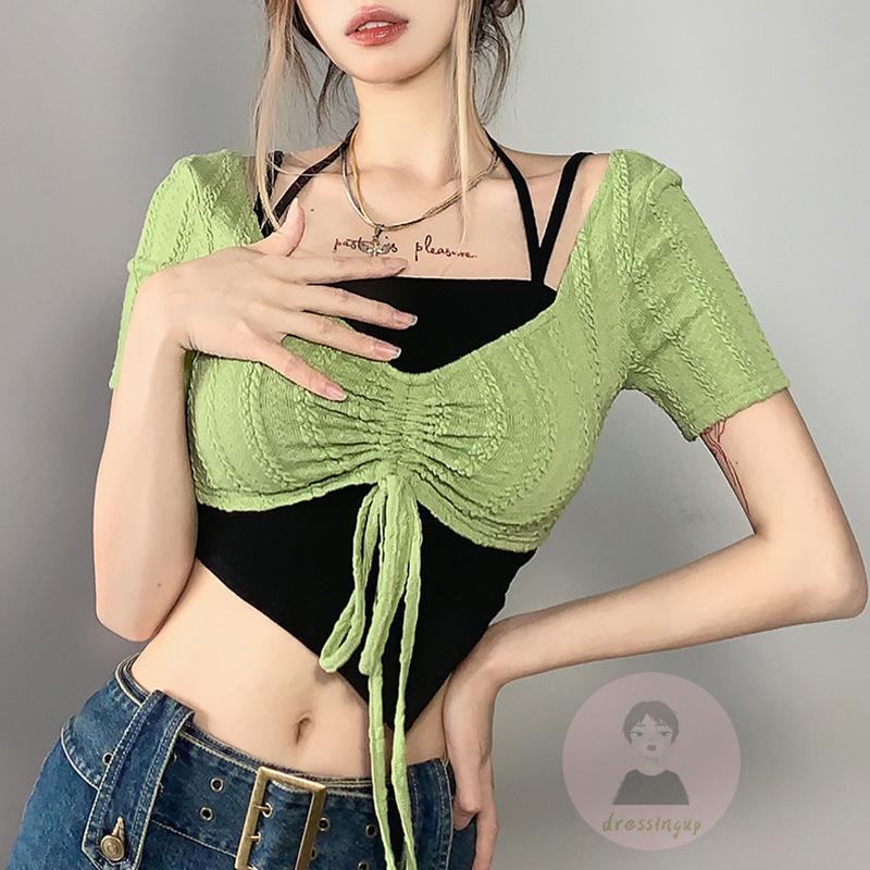 Áo Croptop Hai Dây Màu Đen + Áo Hai Dây Ngắn Tay Phong Cách Mùa Hè Dành Cho Nữ
