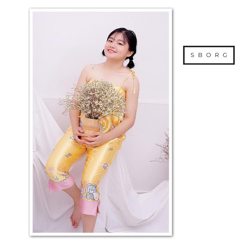 Đồ bộ lụa SBORG đồ ngủ 2 dây mặc nhà quần lửng in kitty cute có túi freesize dưới 58kg quà tặng vợ trendy