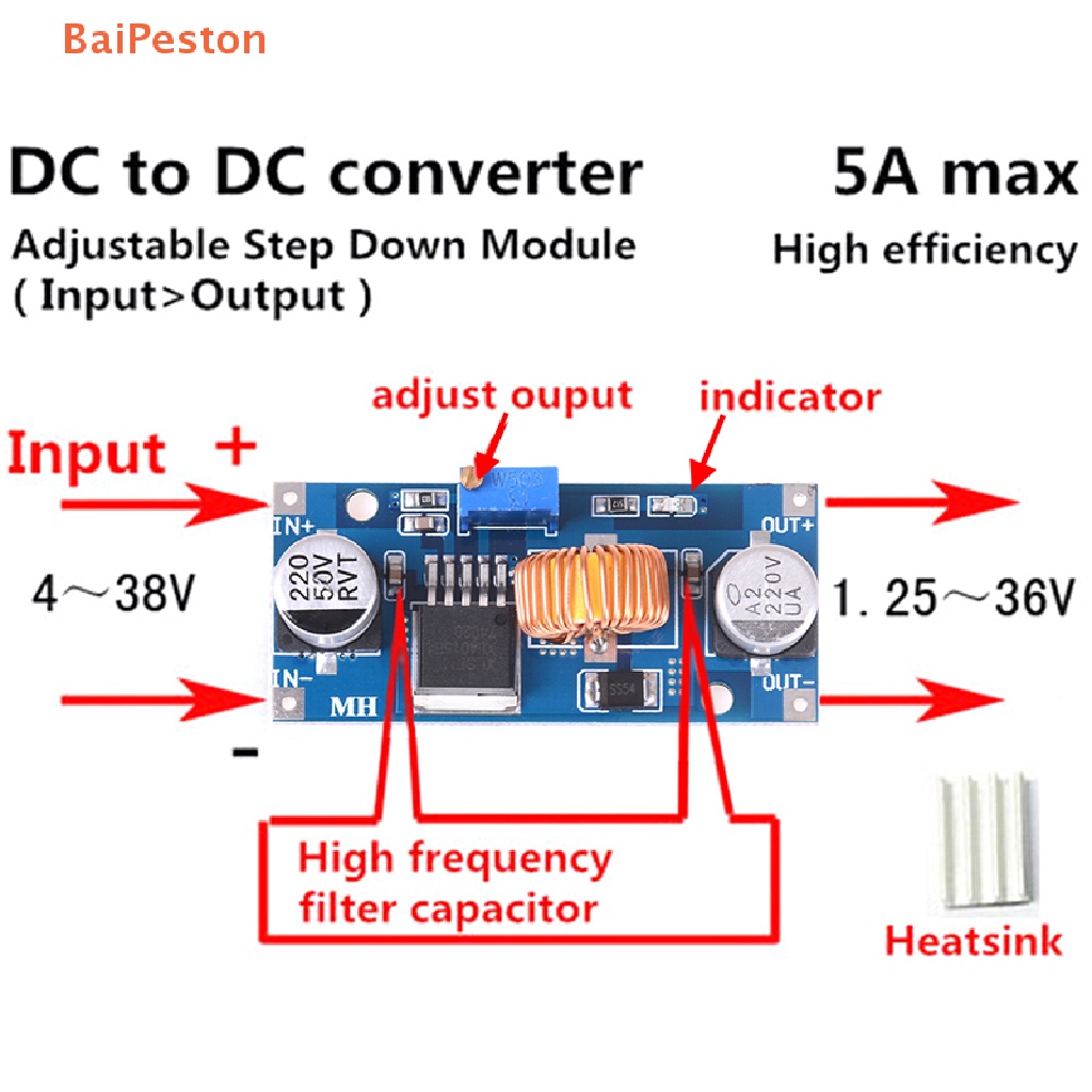 Mô Đun Hạ Áp DC-DC Từ 4V-38v Xuống 3.3V 12V 24V 5A