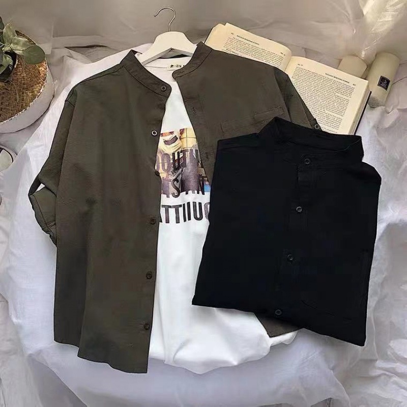 Áo Sơ Mi Cotton Lanh Mỏng Cổ Đứng Dáng Rộng Thoáng Khí Thời Trang Mùa Hè Mới Cho Nam