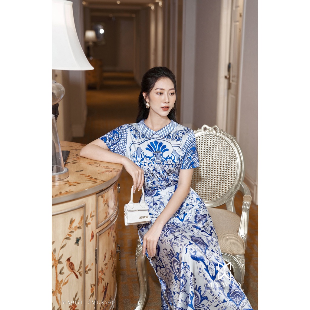 Set Áo Sơ Mi Chân Váy Xòe Thiết Kế MY WAY Họa Tiết Vintage Chất Liệu Lụa Sang Trọng 1MA0171-5MCX260 HT0