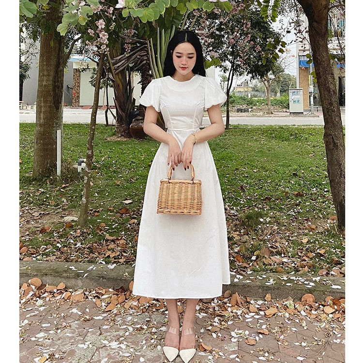 Đầm thô rút dây lưng cổ tròn Váy chiết eo tay bồng tiểu thư sang chảnh | BigBuy360 - bigbuy360.vn
