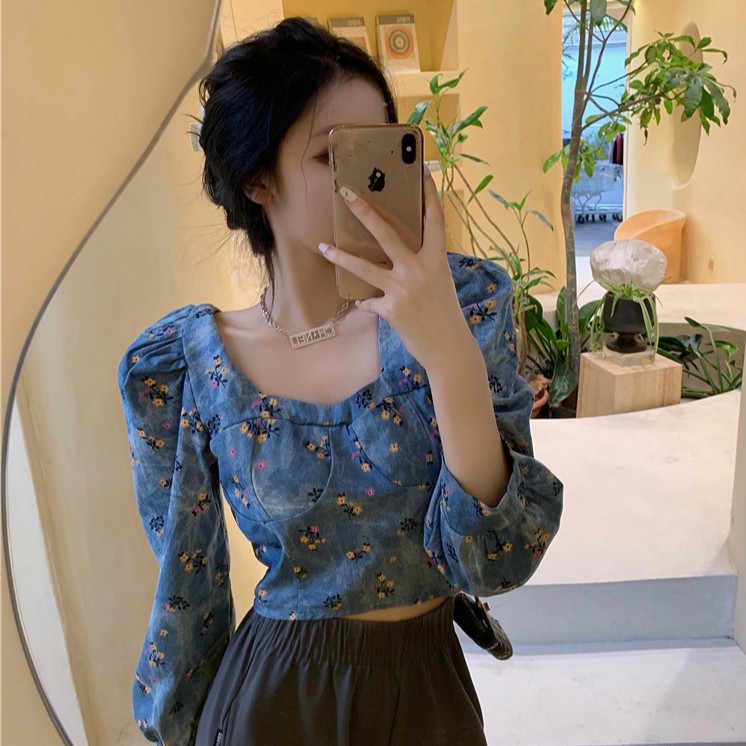 Vintage print Square collar short Denim jacket