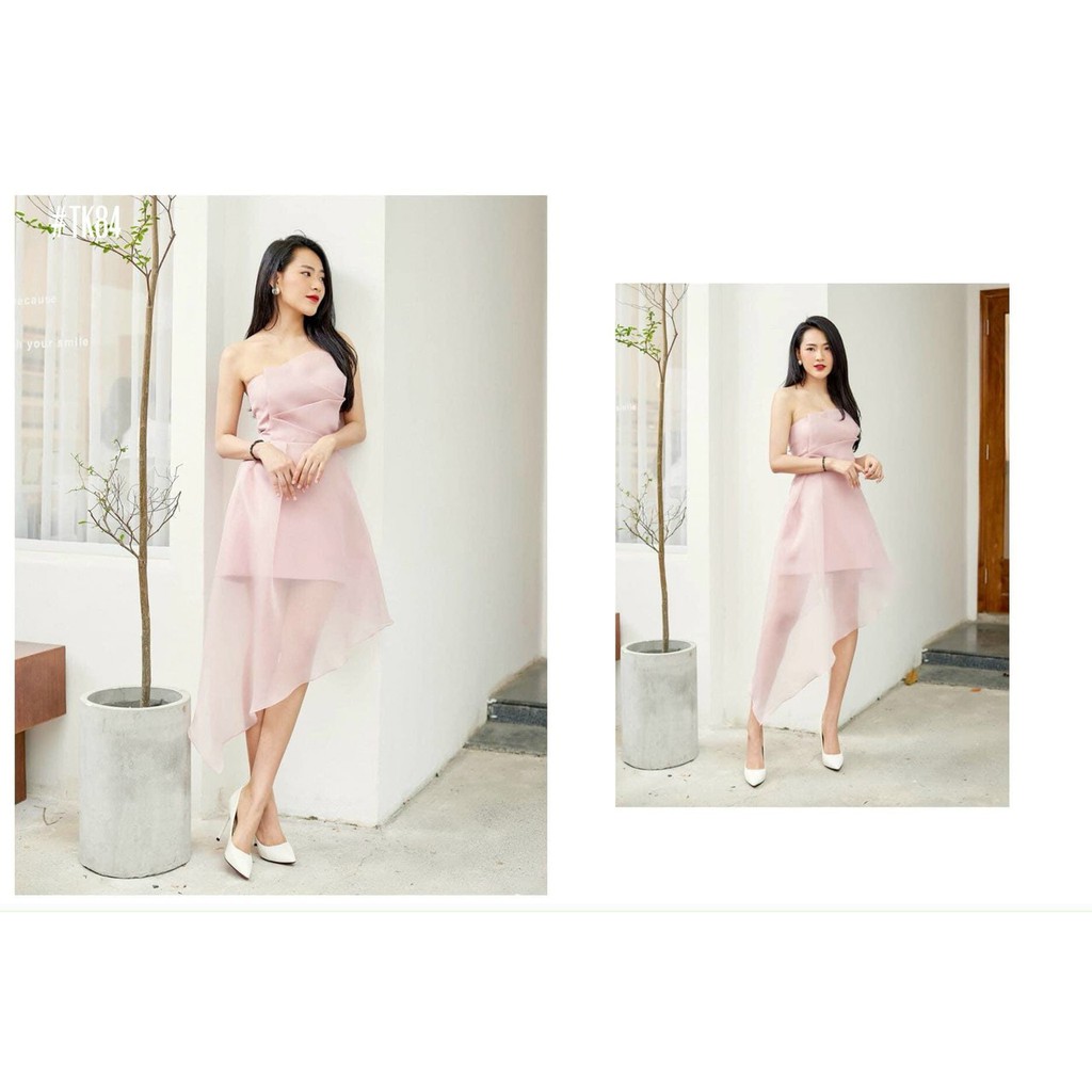 Đầm dự tiệc voan cúp ngực tà xéo