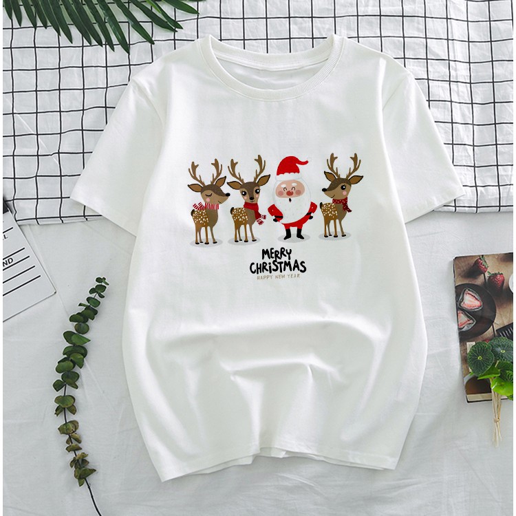 Áo thun nam nữ in hình ông già Noel  cùng tuần lộc đẹp mắt- Áo quà tặng giáng sinh